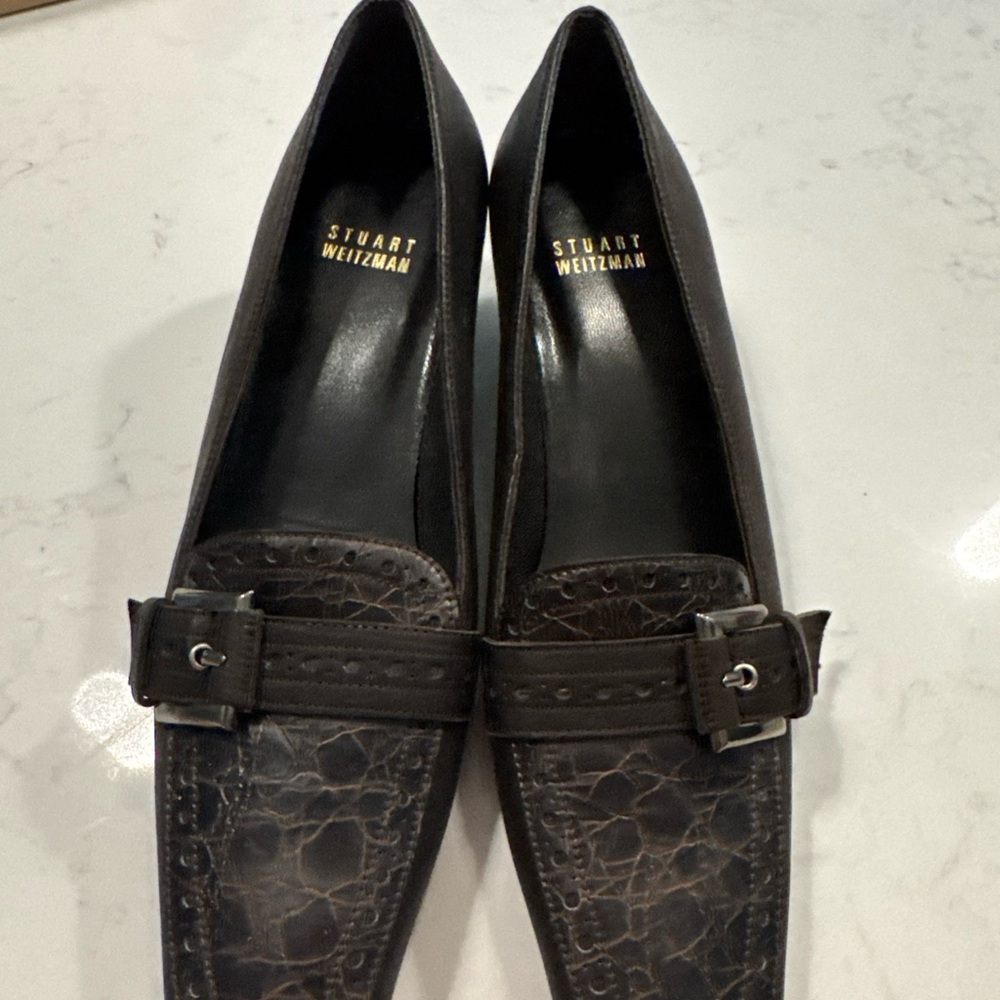 Stuart Weitzman Brown Leather Square Toe Pump Heel Women's Size 7 Buckle